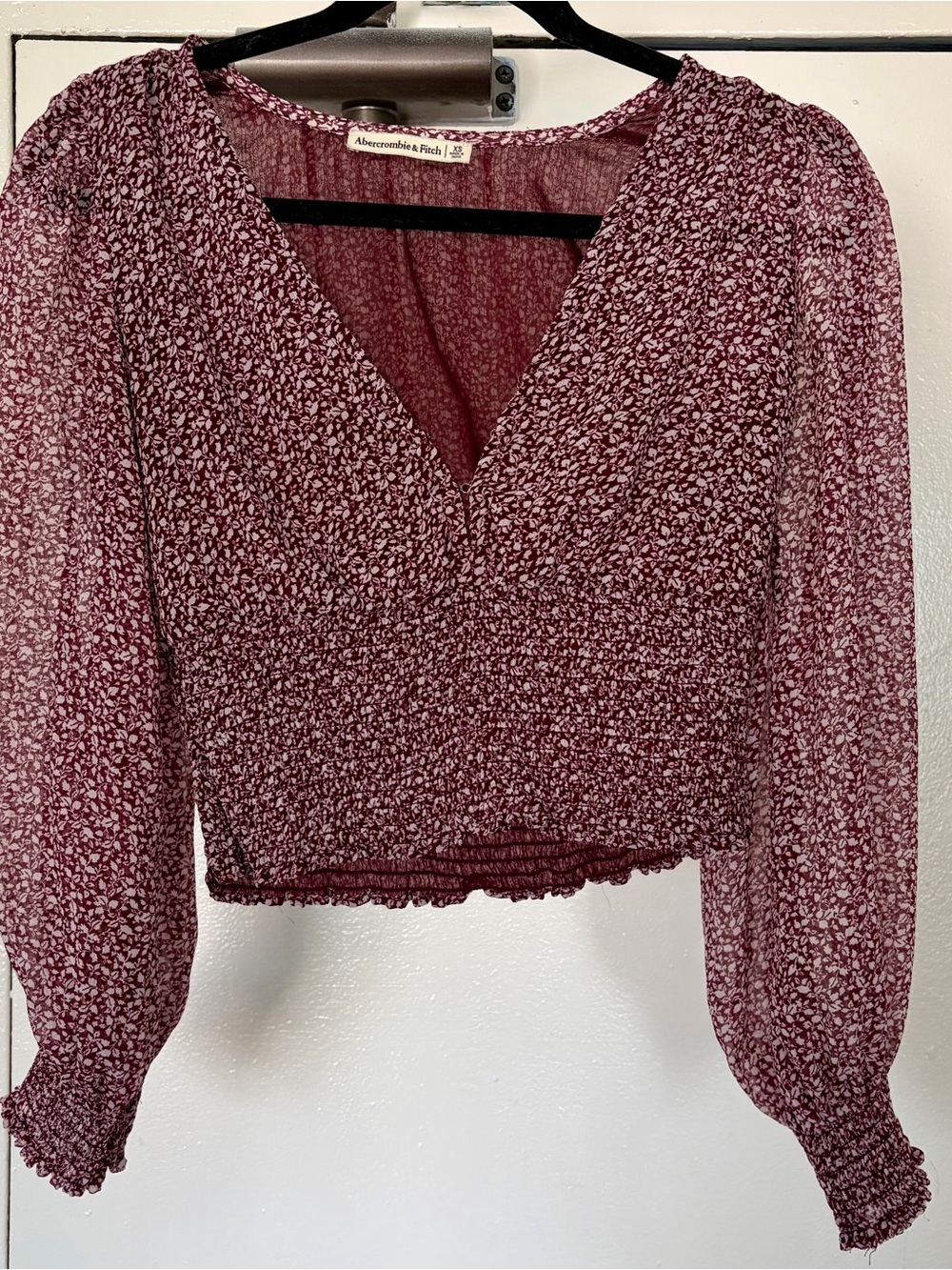 Abercrombie & Fitch Burgundy Floral V-Neck Smocked Blouse